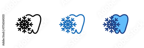 Cold sensitive teeth icon set. Vector illustration of tooth with snowflake symbol representing enamel damage, cold reaction, and dental sensitivity. Isolated on white background.