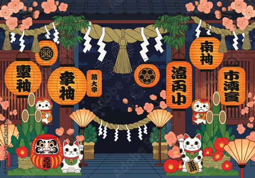 A Japanese shrine scene with lanterns flowers and Daruma dolls capturing a cultural festival atmosphere