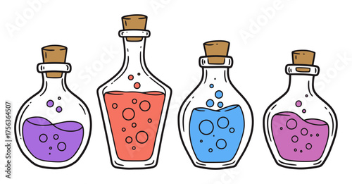 Hand-Drawn Potion Bottles Vector Art - Colorful Bubbling Liquids, Minimalist Design