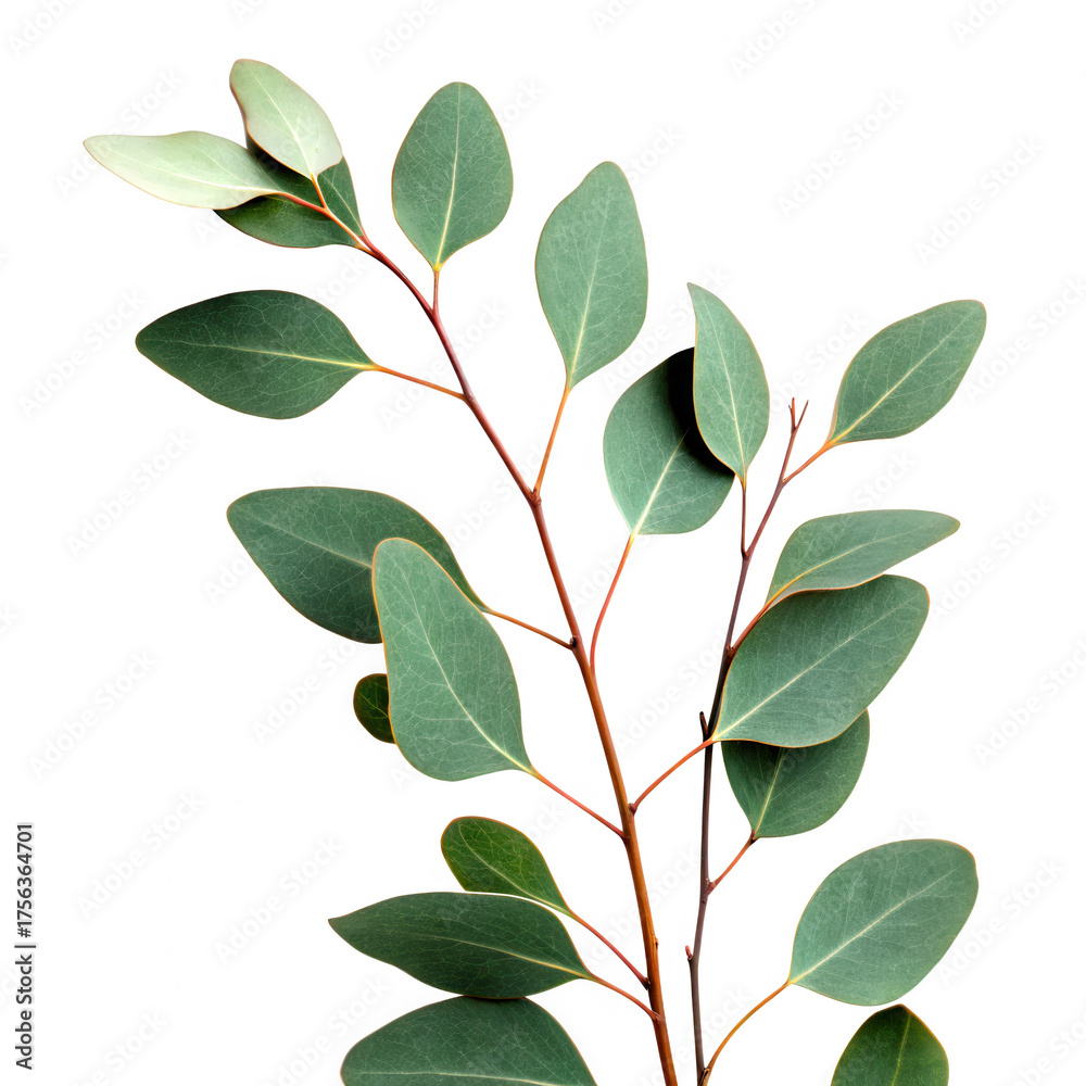Fototapeta premium Flowers and Leaves in Christmas New year PNG concept. A single branch with lush, green leaves, showcasing intricate textures and natural beauty.