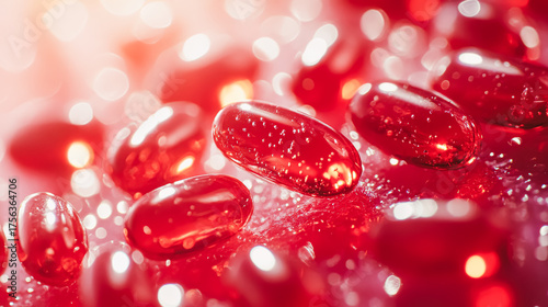 Bright red vitamins and supplements are scattered across a reflective surface, illuminated by soft light, creating a vibrant and healthy atmosphere