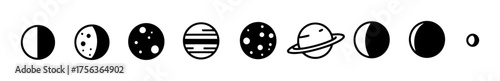 Minimalist Vector Planets Aligned Row, Clean Simple Space Design, White Background, High Contrast