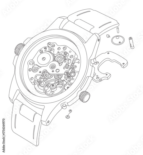 Minimalist Watch Mechanism Exploded Vector Art, Horological Diagram, Timepiece Components