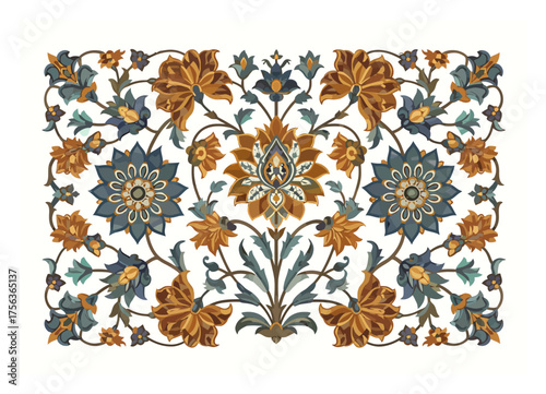 Mughal Pietra Dura Floral Panel - Minimalist Vector Art, Stone Marquetry