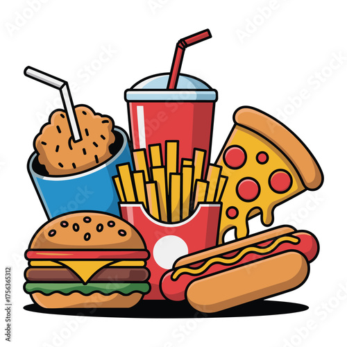 A vibrant illustration of a delicious assortment of popular fast food items