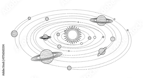 A vibrant depiction of our solar system showcasing the sun planets moons and various spacecraft in orbit around the celestial bodies.