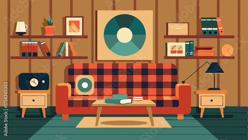 A den with wood paneling a plaid couch and a record collection displayed on a shelf.