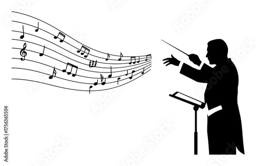Minimalist Orchestra Conductor Silhouette with Musical Notes Vector Art