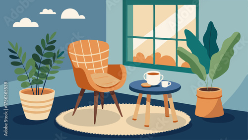 A corner of a room filled with potted plants a rattan chair with a sheepskin throw and a small side table holding a cup of tea.