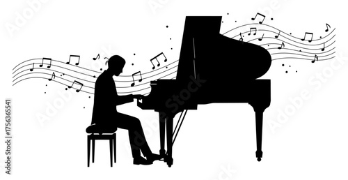 Minimalist Pianist Silhouette with Music Notes, Performance Art Vector