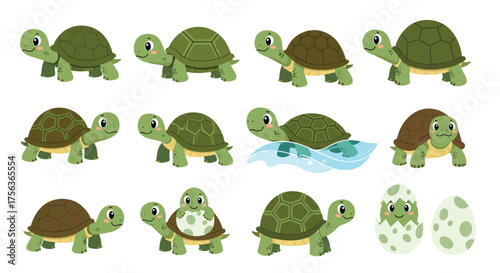 A charming collection of pixel art turtles in various poses and stages of life including swimming hatching and carrying young.