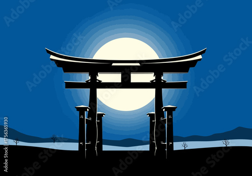 A torii gate stands silhouetted against a full moon and blue sky with distant hills and sparse trees