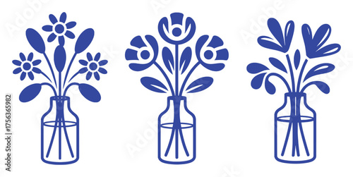 Three Blue Floral Arrangements in Vases, Minimalist Style
