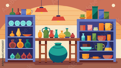A ceramics studio with pottery wheels shelves lined with colorful glazes and a kiln for firing finished pieces.