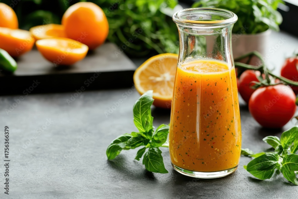 Fototapeta premium Refreshing orange juice preparation kitchen food photography modern close-up healthy lifestyle