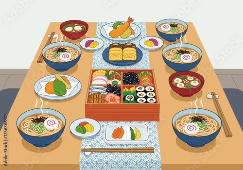 A table set with Japanese New Year Osechi food udon noodles tempura and assorted side dishes