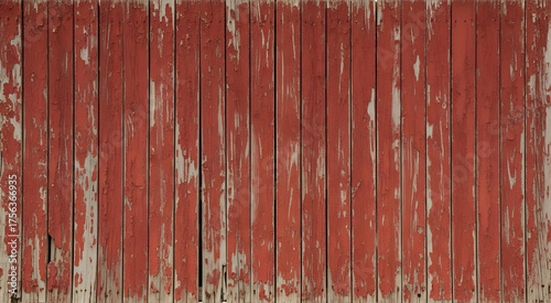 A distressed red painted wooden fence with peeling paint and weathered texture in full frame view
