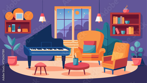 A cozy nook with a piano and comfy armchairs for people to gather and enjoy music.