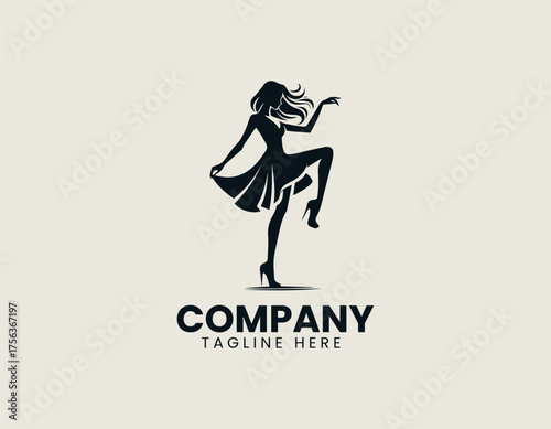 Dynamic fashionable young woman silhouette vector logo illustration in short dress and high heels striking playful pose. Fashion concept