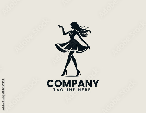 Dynamic fashionable young woman silhouette vector logo illustration in short dress and high heels striking playful pose. Fashion concept