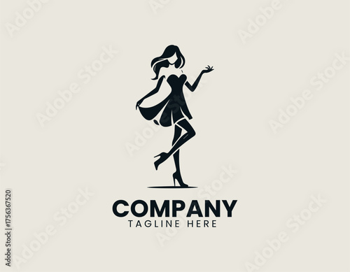Dynamic fashionable young woman silhouette vector logo illustration in short dress and high heels striking playful pose. Fashion concept