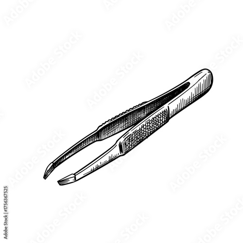 Tweezers, hand-drawn sketch, black and white, beauty tool, black and white vector illustration on transparent background    