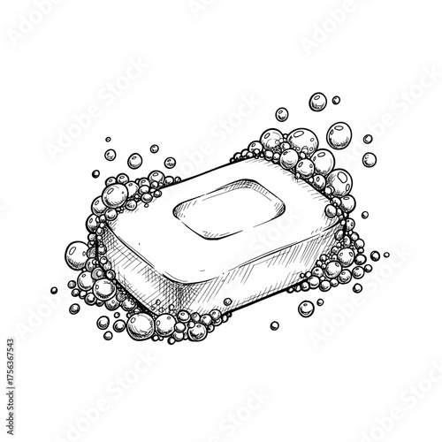 Soap bar surrounded by bubbles in a hand-drawn style, black and white vector illustration on transparent background      