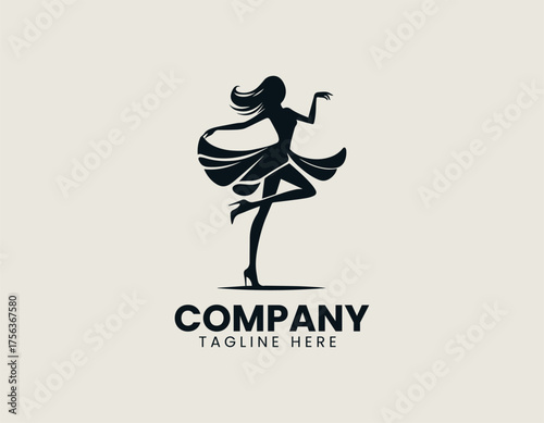 Dynamic fashionable young woman silhouette vector logo illustration in short dress and high heels striking playful pose. Fashion concept