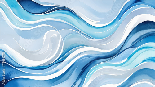 Abstract watercolor painting of flowing blue and white waves, blending soft gradients and smooth motion. Elegant fluid art symbolizing water movement, tranquility, and oceanic harmony.