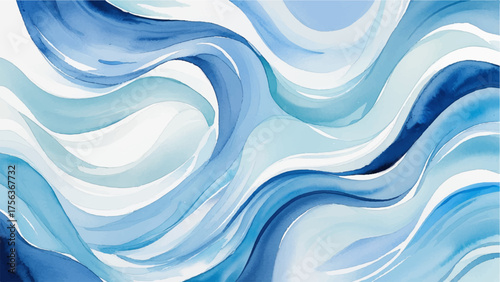 Abstract watercolor painting of flowing blue and white waves, blending soft gradients and smooth motion. Elegant fluid art symbolizing water movement, tranquility, and oceanic harmony.