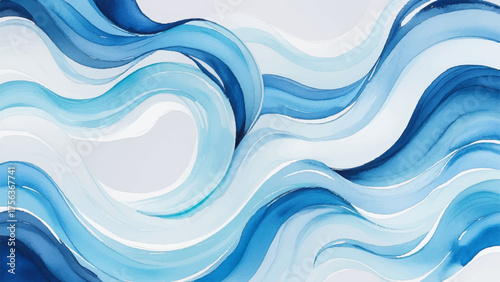 Abstract watercolor painting of flowing blue and white waves, blending soft gradients and smooth motion. Elegant fluid art symbolizing water movement, tranquility, and oceanic harmony.