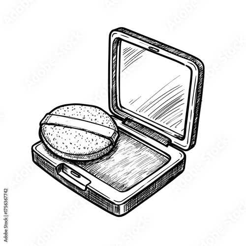 Makeup compact with powder and mirror in sketch style, black and white vector illustration on transparent background      