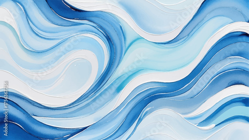 Abstract watercolor painting of flowing blue and white waves, blending soft gradients and smooth motion. Elegant fluid art symbolizing water movement, tranquility, and oceanic harmony.