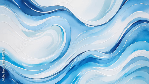 Abstract watercolor painting of flowing blue and white waves, blending soft gradients and smooth motion. Elegant fluid art symbolizing water movement, tranquility, and oceanic harmony.