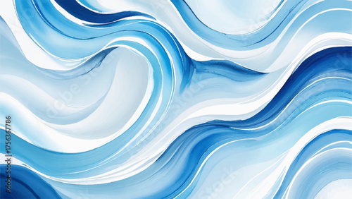 Abstract watercolor painting of flowing blue and white waves, blending soft gradients and smooth motion. Elegant fluid art symbolizing water movement, tranquility, and oceanic harmony.