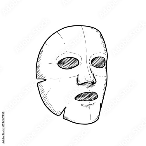 Facial cosmetic mask, hand-drawn sketch, skincare product, black and white vector illustration on transparent background    