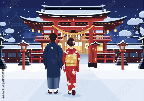 Couple in traditional attire walk towards a snowy Japanese shrine at night