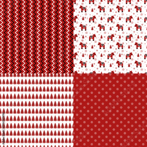 Set Christmas seamless pattern. Ornament horses and snowflakes and christmas tree
