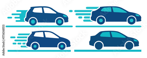 Flat vector icons of cars in motion with speed lines, representing fast driving, transport, and automotive movement concepts.