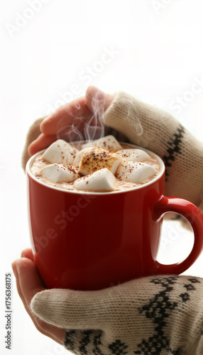 Hands Holding Red Mug of Hot Chocolate with Marshmallows