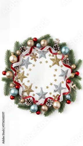 Traditional Christmas wreath made of fir branches, silver stars, red and gold ornaments, and festive ribbons forming a circular decoration.