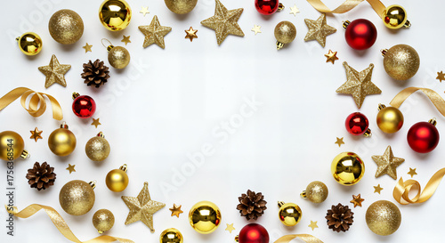 Christmas Decoration Frame with Gold and Red Ornaments on White Background