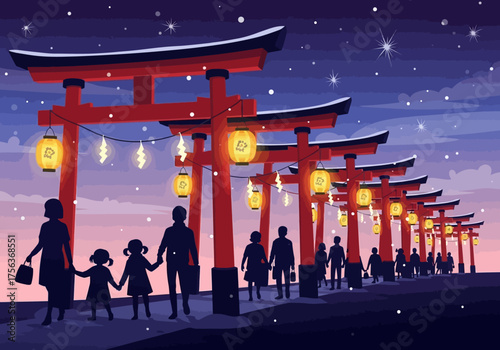 Families walk through red torii gates lit with lanterns under a starry sky with falling snow