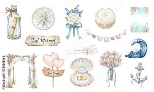 Watercolor Beach Wedding and Nautical Celebration Elements
