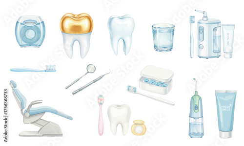 Watercolor Set of Dental Care and Oral Hygiene Elements