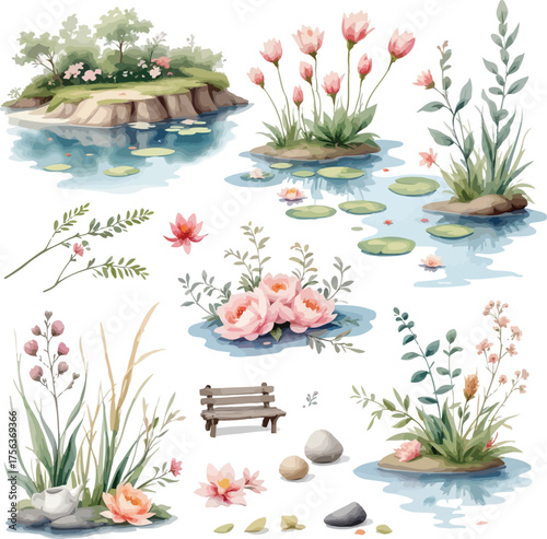 Watercolor garden with pond and flowers