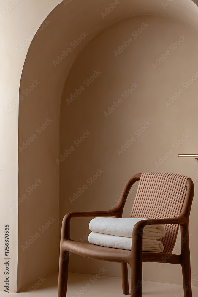 Fototapeta premium Warm-toned chair with towels in arched niche. Simplicity in design. Earthy hues create a comforting ambiance. Minimalist interior design.