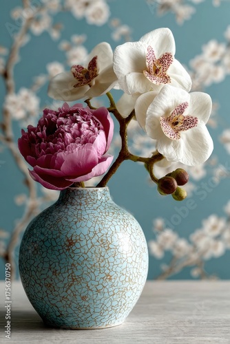 Beautiful arrangement of orchids and peony in a textured vase against a blue floral background in a serene setting