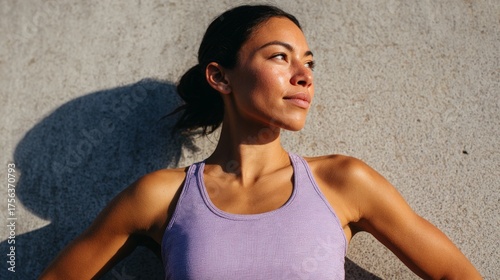 Woman posing outdoors in athletic wear.