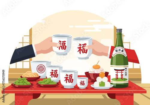 Illustration showing a New Years toast over a table of food and drink